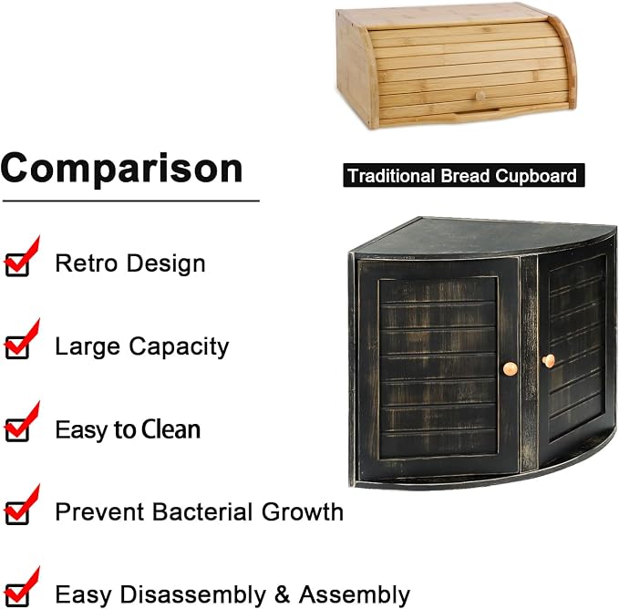 Black Vintage Double Layers Bamboo Corner Bread Box for Kitchen Counter | Retro Farmhouse Style, Holds 2+ Loaves, Right Angle Fits Counter Corners, Breathable Keeps Bread Fresh 3-4 Days