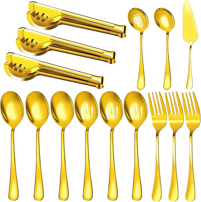 Serving Utensils, 15 Pcs Stainless Steel Large Flatware Serving Tools Kit | Include Spoons, Forks, Tongs, Slotted Spoon, Ladle, Cake Server for Kitchen Catering Banquet Wedding Buffet Party, Gold