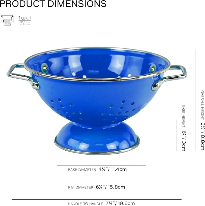 Reston Lloyd, 1 Quart Powder Coated Steel Kitchen Strainer Basket for draining Pasta, Vegetable and Fruit, Chrome Handles and Wide Stable Base, Azure