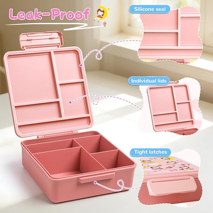REDSHELL Kids Bento Lunch Box Set, Insulated Lunch Bag for Girls, Pink | Toddler 5-Compartment Lunchbox, Leakproof Food Jar, Snack Container, School Daycare, Bottle Holder, Adjustable Shoulder Strap