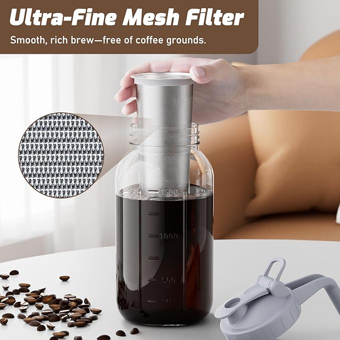 Cold Brew Coffee Maker, 64 oz Glass Mason Jar Pitcher | 100μm stainless steel filter, wide mouth design, leak-proof lid with handle, pour spout for iced coffee, tea and cold drinks