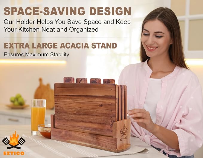 Acacia Wood Cutting Board Set with Scissors and Stand.