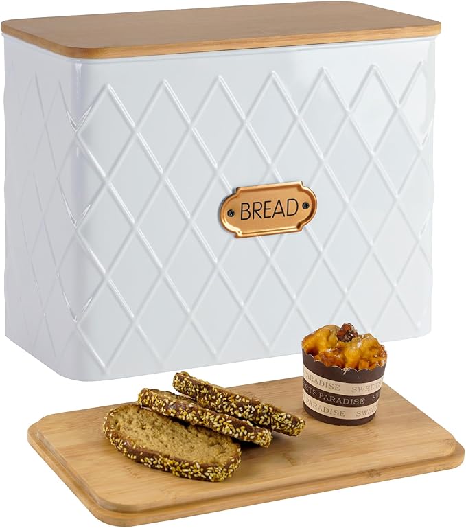 Extra Large Rhombus Pattern Embossed Bread Box with Bamboo Lid | Corner Breadbox for Homemade Bread, White Metal Bread Storage Container Bin for Kitchen Countertop, Fits 2 Loaves of Bread