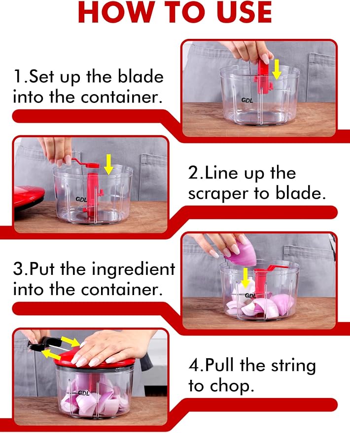 GDL Food Chopper, Vegetable Chopper, Pull String Onion Chopper Dicer, 800ML | Manual Chopper Dicer for Oinon, Garlic, Nut, 420 Stainless Steel Blade, Dishwasher Safe, Fast Cutting, Anti-Slip Base, No BPA
