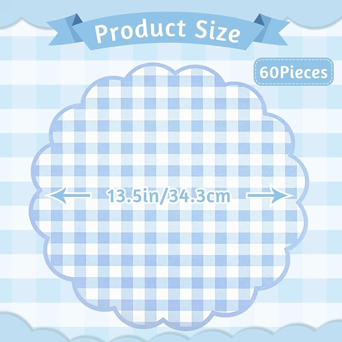 60 Pcs Blue Gingham Paper Placemats, Scalloped Blue Checkered Place Mat | 13.5 Inch Disposable Table Placemats Decorative Paper for Table Setting Baby Shower Wedding Bridal Banquet Tea Party