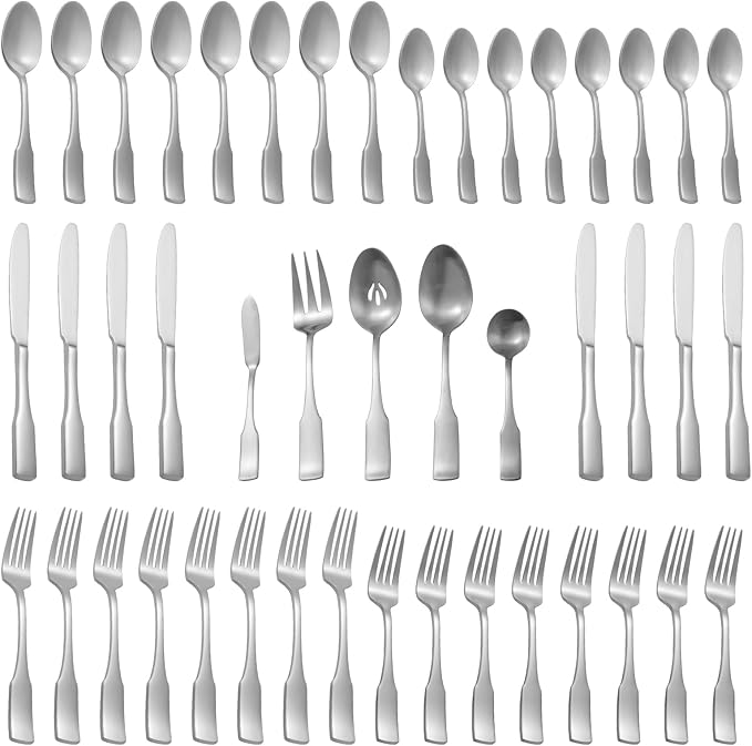 Alata Kate Satin 45-Piece Silverware Set with Utensil-Serving Set,Service for 8,Stainless Steel Flatware Set,Matte Satin Polished Cutlery Set,Dishwasher Safe