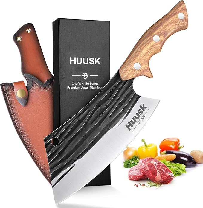 Huusk Heavy Duty Meat Cleaver with Sheath, Butcher Knife for Meat Cutting | Japanese High Carbon Steel Cleaver Knife with Ergonomic Full Tang Handle for Kitchen, Camping, BBQ, Cool Gifts for Men
