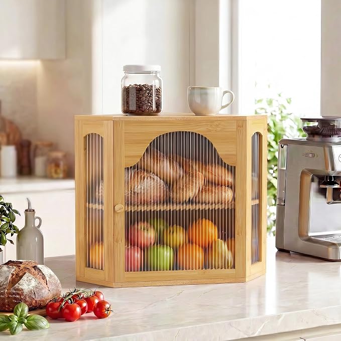 2-Tier Corner Bread Box for Kitchen Countertop with Acrylic Wavy Door Panel | Bread Storage for Homemade Bread, Large Bamboo Vintage Farmhouse Bread Bin, Cabinet Cupboard Pantry, Natural, Meduim