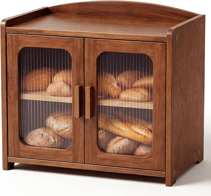 Solid Wood Bread Box, Kitchen Countertop Storage Cabinet | 2-Tier Large Capacity, Help Keep Sourdough Bread Fresh, Countertop Storage Organizer for Kitchen & Pantry, Walnut Brown