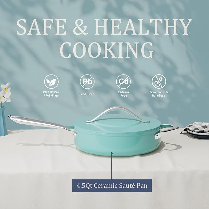 CookinCraze Premium Ceramic Sauté Pan with Lid, 4.5 QT Nonstick Deep Pan | for Healthy Cooking, PFAS & PTFE Free, Induction Compatible, Oven Safe up to 500°F, Stay-Cool Handle, Caribbean Blue