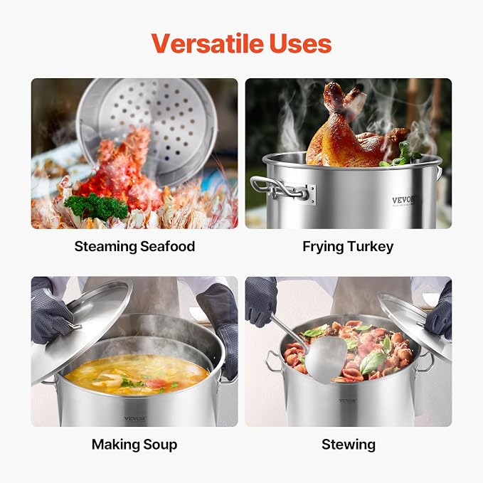 VEVOR Stainless Steel Stockpot, 84 Quart Large Cooking Pots, Cookware Sauce Pot with Basket, Lid, and Handle, Heavy Duty Commercial Grade Stock Pot, Sanding Treatment, for Large Groups Events Silver