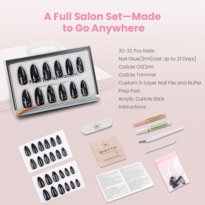 Nail Reformation Press On Nails, Purple Mariposa | Medium Almond Fake Nails | with Purple Cat Eye & Butterfly Wing in Glossy Finish, Reusable Stick On Nails in 15 Sizes - 30 Nail Kit for Women Gifts