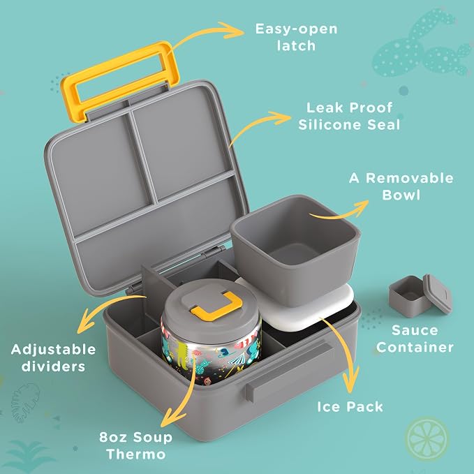 Kids Lunch Bento Box with 8oz Thermo/Ice Pack, BPA-Free, for School | Leak-proof Food Containers with 5 Compartment, Insulated Food Jar, Dishwasher Safe, Easy to Clean, Lunch Box for Girls Boys