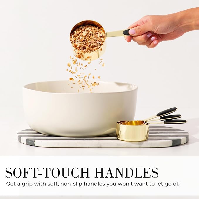 Styled Settings Black and Gold Measuring Cups and Spoons Set, 8-Piece | Stainless Steel, 8-Piece Brass Measuring Set with Beige Silicone, Stackable, Black and Gold Kitchen Accessories
