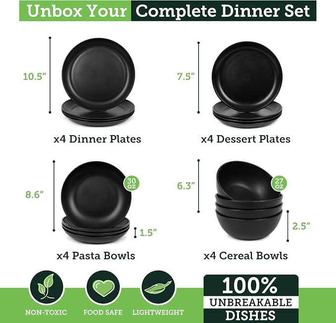 Grow Forward 16-piece Premium Wheat Straw Dinnerware Sets for 4 - Unbreakable Dishwasher & Microwave Safe Plastic Plates and Bowls Sets - Patio, Outdoors, RV, Camping Dishes - Midnight