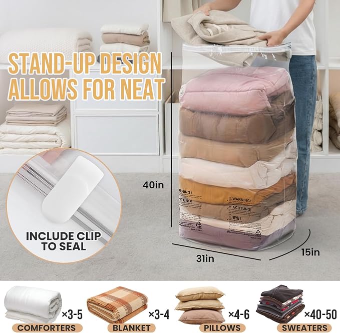 TAILI 10 Pack Vacuum Storage Bags, Jumbo Cube 31x40x15 Inch, Clear | Extra Large Vacuum Seal Bags for Comforters, Blankets, Bedding, Clothing, No Pump Compression Cube, Space Saver Storage