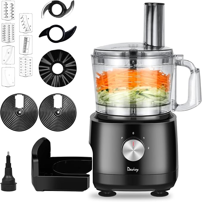 Davivy 7 Cup Food Processor with Storage，10-in-1 for Cheese, French Fries | Large Vegetable Chopper, Dough Kneader, Meat Chopper,Salad, Salsa, Wavy Slicer,Healthy Snacks, Meal Prep, Dishwasher Safe