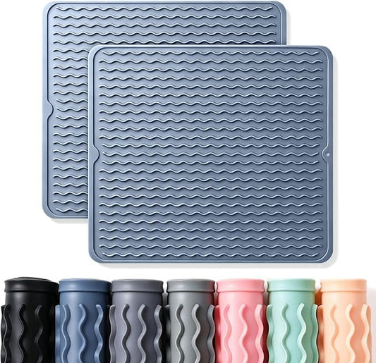 2 Pack Caketime Silicone Dish Drying Mat for Kitchen Counter Multiple Usage for Cooking Grilling Under Sink Office Coffee Accessories Appliances Pioneer Woman Stuff Extra Large 18"x16" Blue