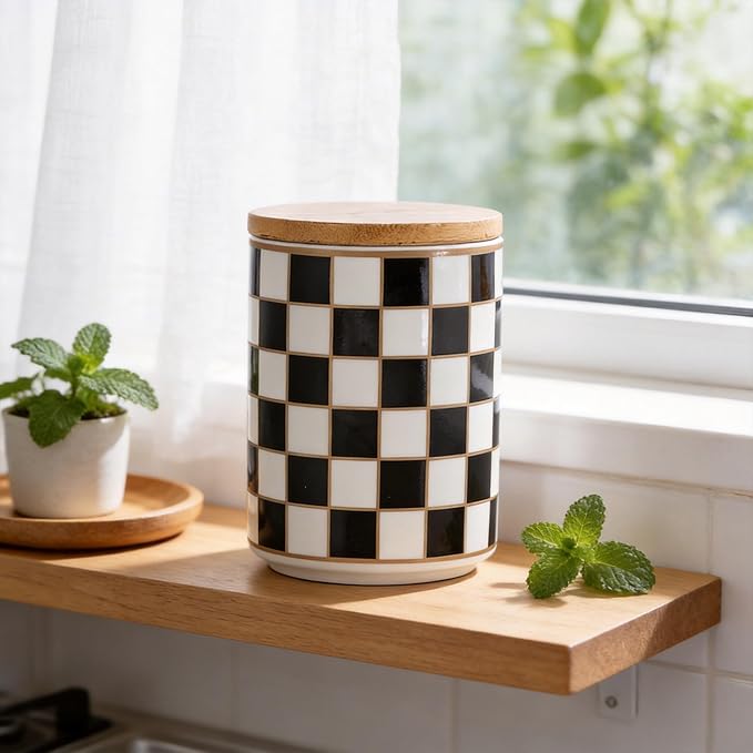 Kitchen Countertop Ceramic Checkered Canisters,Black And White Food Storage Containers With Lid,Airtight Kitchen Canisters for Flour, Sugar, Coffee, Tea, and Dry Goods (Black, Small)
