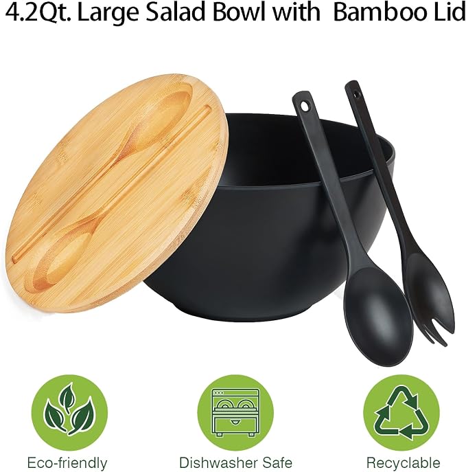 10" Large Salad Serving Bowl with Utensils in Lid, Bamboo Fiber Salad Bowl with Lid, Mixing Bowl with Servers set for Pasta,Fruit,Veggies,Popcorn to Replace Wooden Bowls - Matte Black