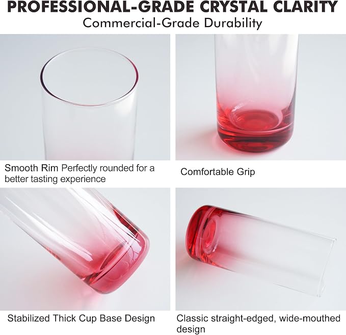 Red Highball Glasses Set of 6, Drinking Glass for Mixed Drink | 13oz ,Cups for Cocktail, Beer, Mojito, Water and Juice,Thick Tall Glassware for Kitchen, Restaurant, Home Bar and Parties
