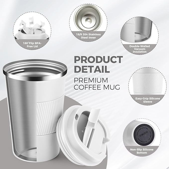 Volhoply 13 oz Stainless Steel Insulated Travel Coffee Mug with Fip Lid,Reusable Double Wall Vacuum Metal Coffee Cup,Portable to Go Leak Proof Cafe Thermal Tumbler for Hot & Cold Drinks(White,1)