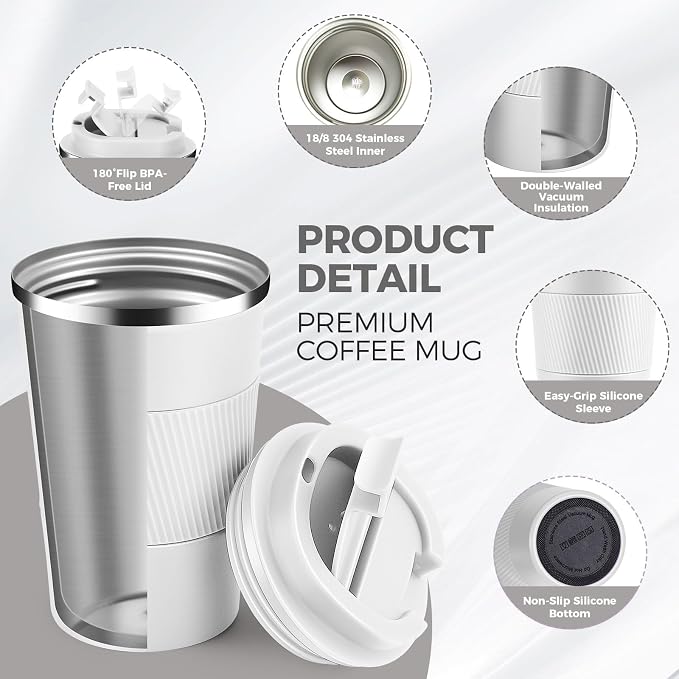 Volhoply 13 oz Stainless Steel Insulated Travel Coffee Mug with Fip Lid Bulk 2 Pack,Reusable Double Wall Vacuum Metal Coffee Cup,Portable Leak Proof Thermal Tumbler for Hot & Cold Drinks(White,2)
