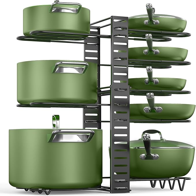 MUDEELA 8-Tier Adjustable Pots and Pans Organizer Rack under Cabinet, Blcak | Adjustable pot rack expands 11.65" to 19". Holds pots, pans and lids. 3 DIY installation methods. Fits kitchen pantry cabinet