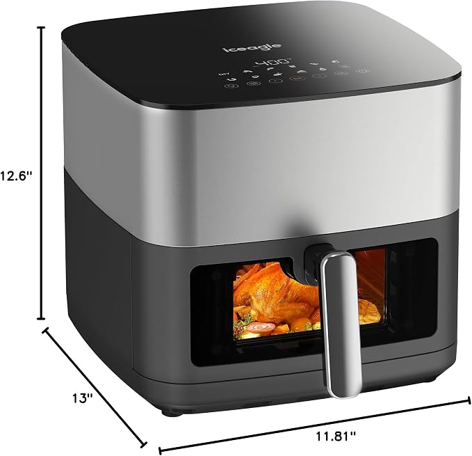 Iceagle Stainless Steel Air Fryer 9 Quart - Airfryer XXL with Large Viewing Window, Dual Heating Elements, 12-in-1 Function to Roast, Bake, Broil, Defrost, Reheat, Dishwasher-Safe Parts, 1700W, Siver