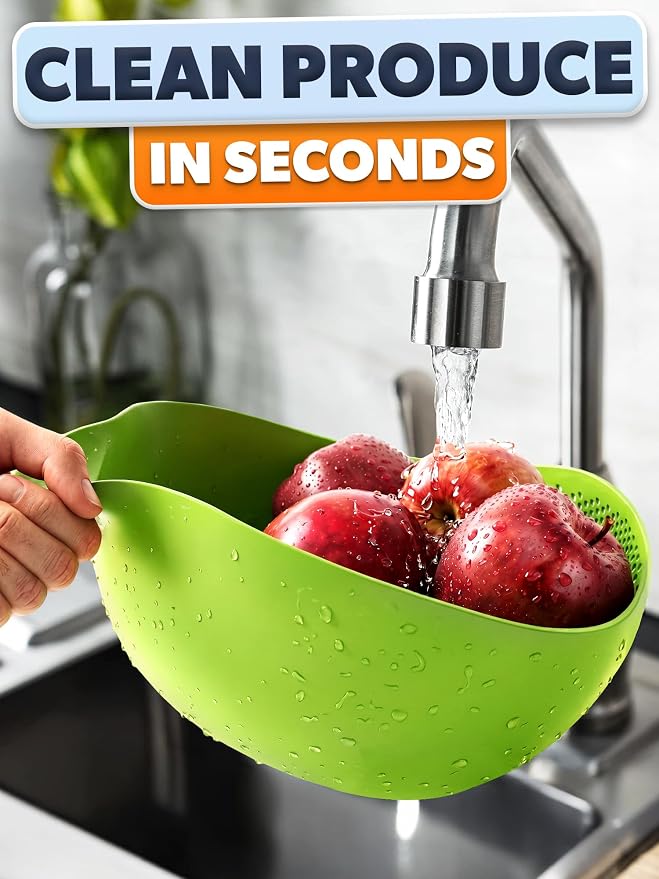 1.7L Rice Strainer with Handle, 9.4 In, Lightweight, ABS (Green) | Rice Washer Strainer Bowl; Drains Water Fast; Rinses Rice, Cereals, Pasta, and Veggies; Easy-Grip Handle; Dishwasher Safe