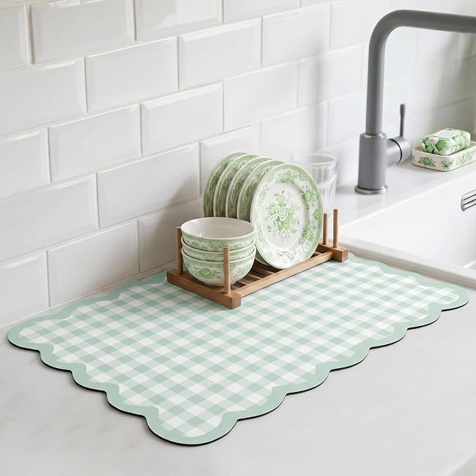Green Scalloped Gingham Coffee Mat 12" x 20" Absorbent Bar Mat | Gingham Espresso Matt with Non Slip Rubber Backing for Coffee Countertops