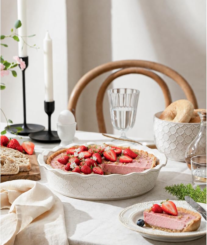 Deep Pie Dish for Baking, Ceramic Pie Pan for Apple Pie, Tart, Quiche Baking Dish, Farmhouse Decor Pie Plate, Deep Dish Pie Pan, Oven Safe, Off-White, Firework