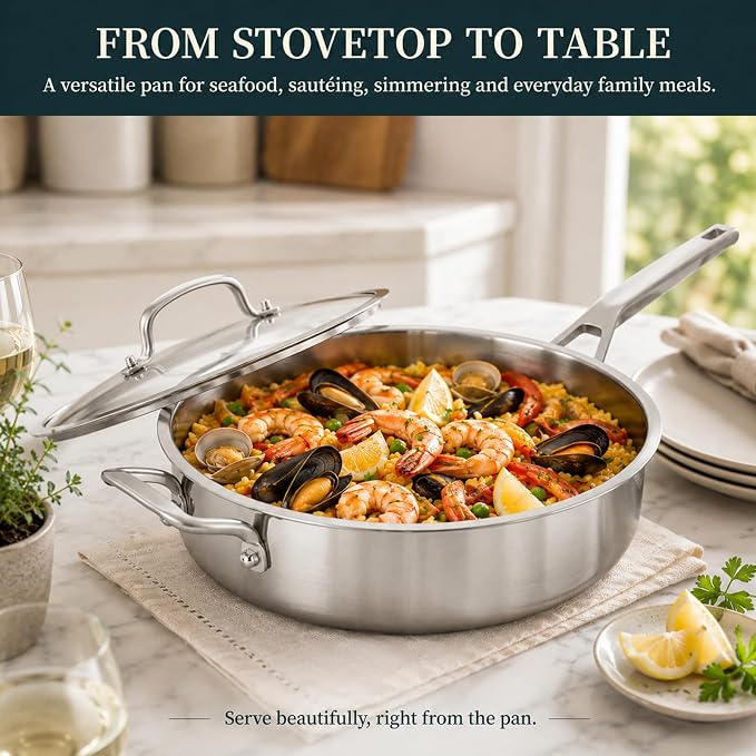 Yeksum Tri-Ply Stainless Steel Saute Pan 7 Quarts, 12 Inch Deep Frying Pan with Lids, 3-layer Large Frying Pan Skillet with Stay Cool Handle, Saute Pan with Lid, Induction Pan, Works on All Cooktops