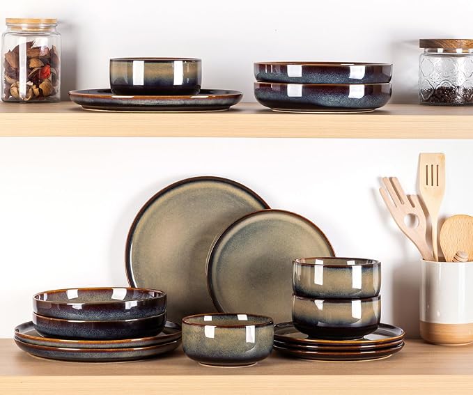 Ceramic Dinnerware Set for 4, 12-Piece Plates and Bowls Set | Handmade Reactive Glaze Dish Set, Scratch Resistant, Oven & Microwave & Dishwasher Safe, Mocha Brown