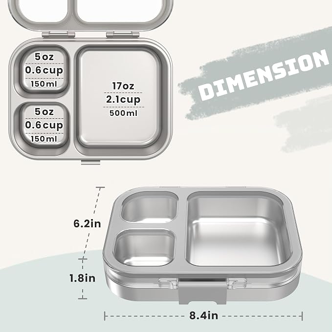 LOHASOK Stainless Steel Bento Lunch Box, 800ml, Grey | 3-Compartment, Leak Proof, Lightweight, Clear Plastic Lid, for Kids Adults, BPA/BPS Free, Dishwasher Safe