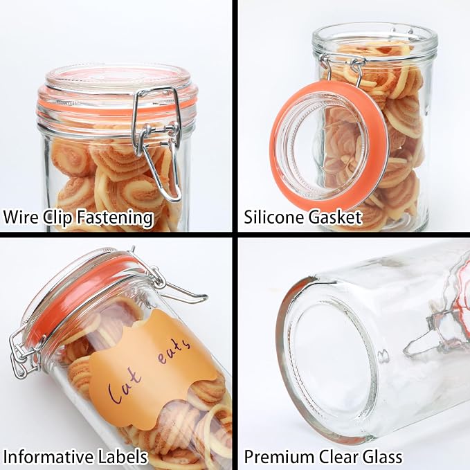 Flrolove 16 oz Glass Jars with Airtight Lid, Air Tight Glass Storage Jars | 6 Pack Glass Food Storage Containers, Leak Proof Rubber Gasket, Glass Canisters for Overnight Oats, Jelly, Coffee, Pickling