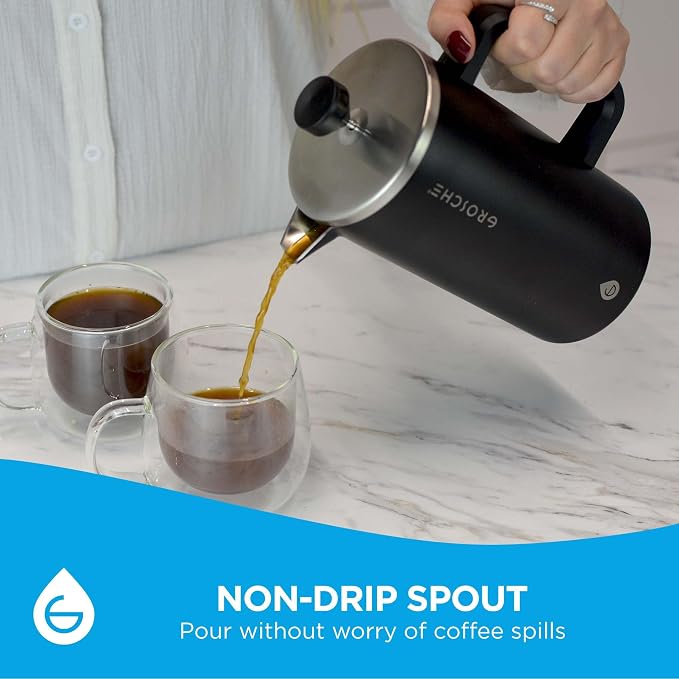 GROSCHE Dublin Double Wall Stainless French Press, Black, 8 Cup, 34 oz | Fine-Mesh Filter Reduces Grit, Insulated Body Retains Heat, Dishwasher-Safe Parts Simplify Cleanup for Daily Hot or Cold Brew