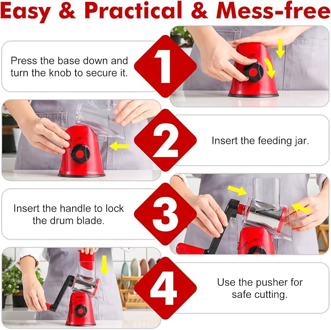 GDL Cheese Grater Hand Crank, Rotary Cheese shredder, Vegetable Slicer | 3 Stainless Steel Blades, 12x Fast Cutting, Non-slip Suction Base, No BPA, Dishwasher Safe, Easy Use for Cheese, Veggies, Nut