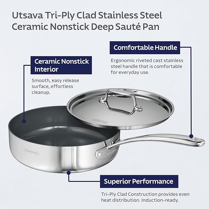 Tramontina Utsava Tri-Ply Clad Stainless Steel 2.9-Quart Saute Pan with Lid | Ceramic Non Stick Interior, Induction-Ready Cooking Pan