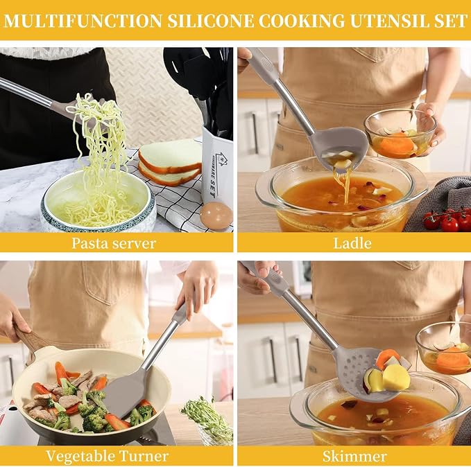 Silicone Kitchen Cooking Utensils Set with Stainless Steel Handle, Spatula Set Utensil Set, Cooking Utensil Set,Kitchen Tools Gadgets for Nonstick Cookware (35, Khaki)