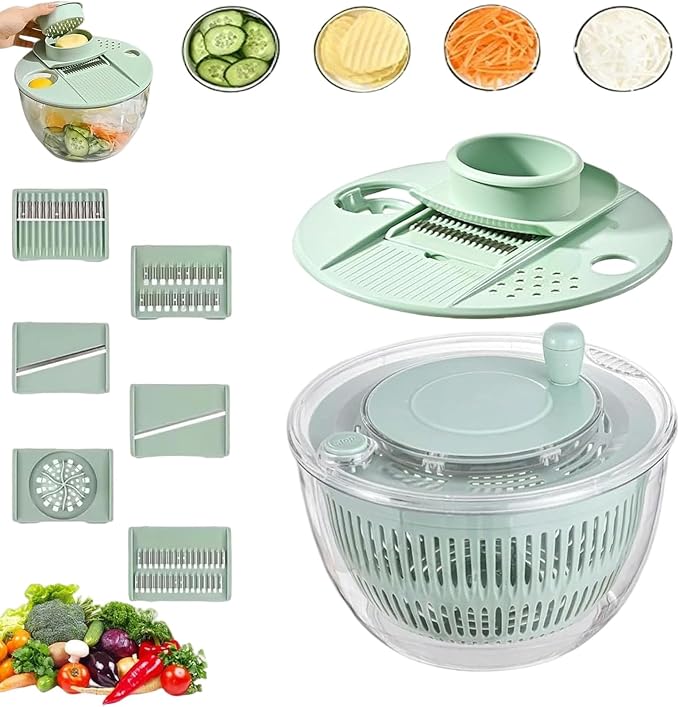 Large Capacity Multi-Function Salad Spinner with Quick Stop Button, Salad Spinner Stainless Steel, Salad Spinner Large, with 5 Blade Slicer Egg Yolk Strainer Shredder (Transparent green)