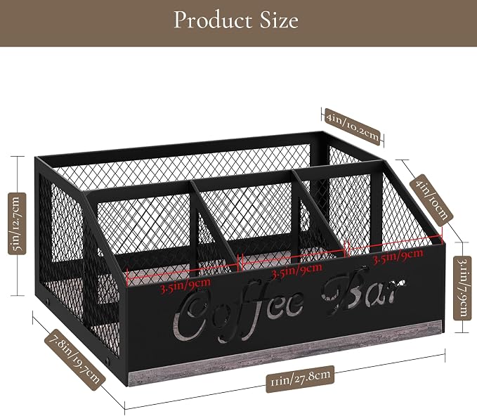 Coffee Bar Organizer for Countertop, Wood Coffee Station Organizer | Coffee Cup and Supplies Holders with Metal Mesh Baskest, Stirrer Sugar Creamer Caddy, Coffee Bar Accessories and Organizer