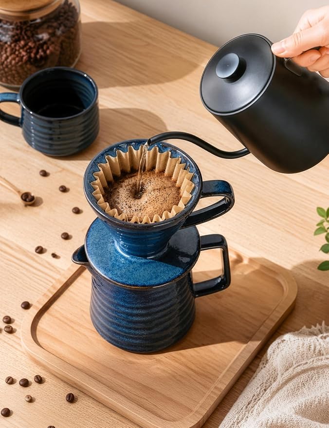 Pour Over Coffee Maker, Ceramic Coffee Dripper Set with 40pcs Paper Filters, 15oz/450ml Capacity, Unique Starry Blue Glaze, Compact Size 3.58" x 4.47" x 3.70" for Home Office or Gift