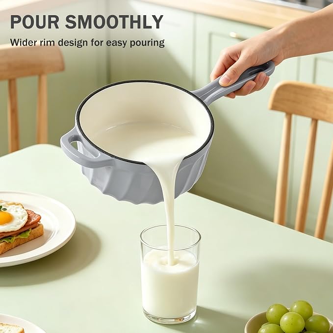 Enameled Cast Iron Sauce Pan with Lid, 2 Quart Saucepan with Lid | Dutch Oven with Lid, Small Cast Iron Pot for Cooking Pasta, Soup, Milk, Induction & Oven Safe Up to 500°F, Light Gray