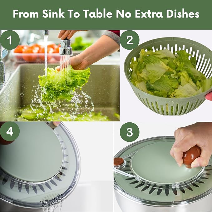 Stainless Steel Salad Spinner with Storage Lid, 5.3Qt, | BPA-Free, 5-in-1 lettuce spinner with non-slip base, dishwasher safe, 5 slicer blades, egg yolk separator, Stop Button
