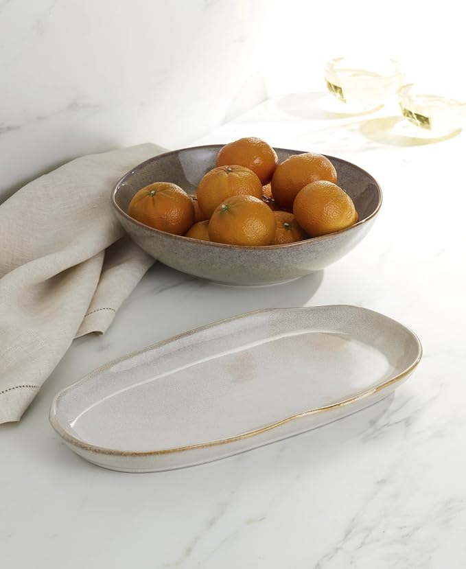 Oneida Organic Shades Oatmeal Stoneware 2-Piece Serving Platter Set | dishwasher safe, microwave safe | includes platter and serving bowl | 44oz, food tray, gift for women