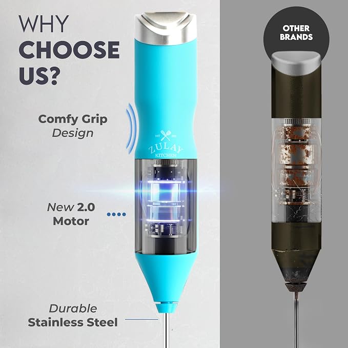 Zulay Kitchen Powerful Frother Wand AA Batteries Included, Ultra Fast Handheld Drink Mixer, Comfort Milk Frother, Stainless Steel Whisker, Frother Handheld for Coffee, Protein & Matcha - Frothmate 2.0