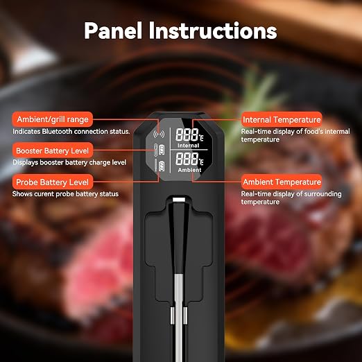 TechRise Bluetooth Wireless Meat Thermometer with APP,Wireless Meat Thermometer Digital for Oven,Smoker,Air Fryer,Kitchen Cooking,Instant Read Digital Probe with Alarm, Long Range,Rechargeable,Black