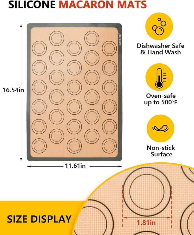 Katbite Macaron Silicone Baking Mat Set of 2 Grey | 2 Half Sheet Mats, Reusable & Nonstick Macarons Baking Supplies Silicone Bakeware Mats for Macarons Cookies