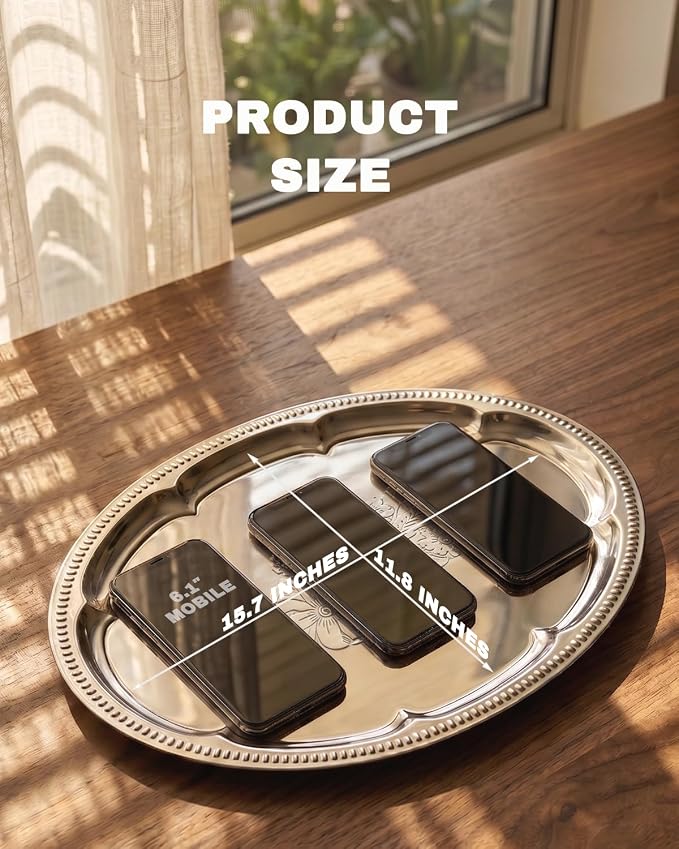 4-Pack 15.7" x 11.8" Silver Serving Trays for Party Set - Lightweight Oval Floral Engraved Silver Platter, Stainless Steel Wedding Vintage Tray for Food, Charcuterie, Cookie, Desserts